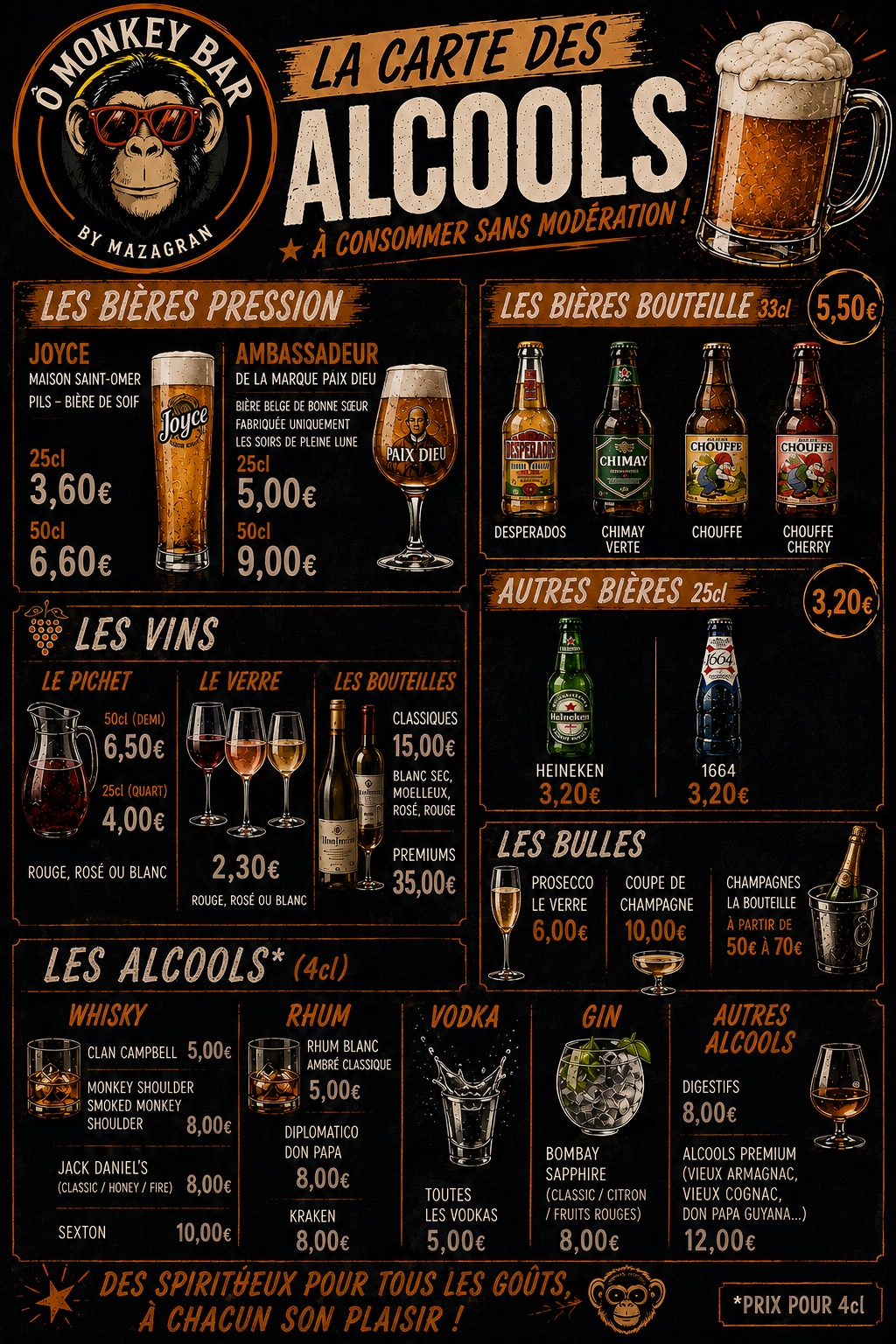 Carte des alcools Ô Monkey Bar