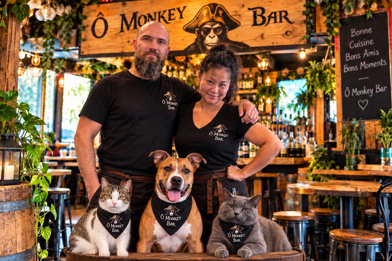 L’équipe du Ô Monkey Bar avec le chien et les deux chats