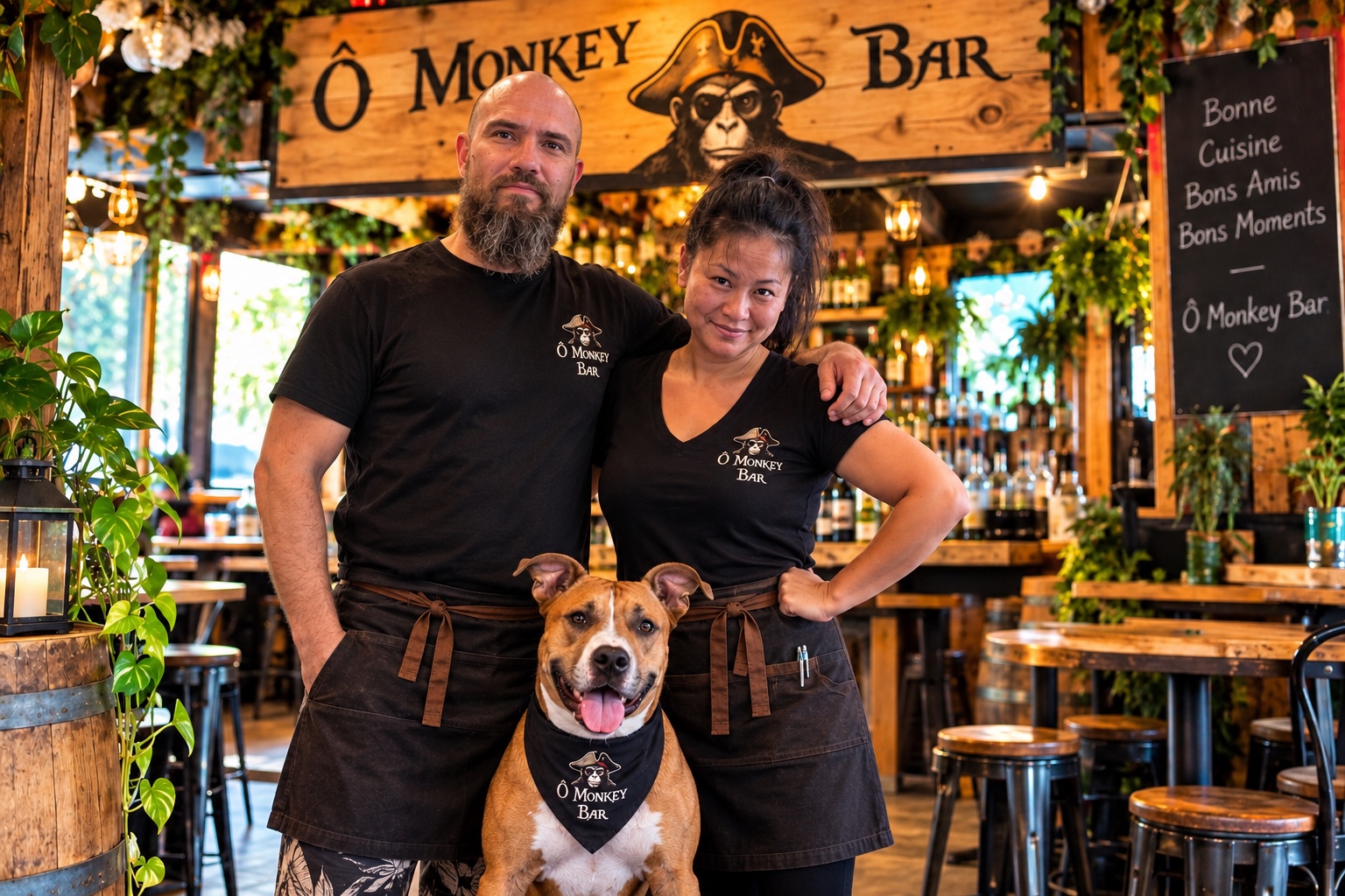 L’équipe du Ô Monkey Bar avec leur chien